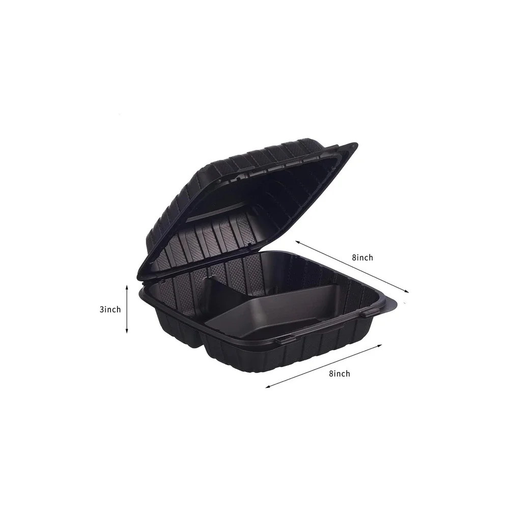 8x8 3-Compartment Plastic Clamshell Takeout Food Trays 50-Pack Black Togo Box
